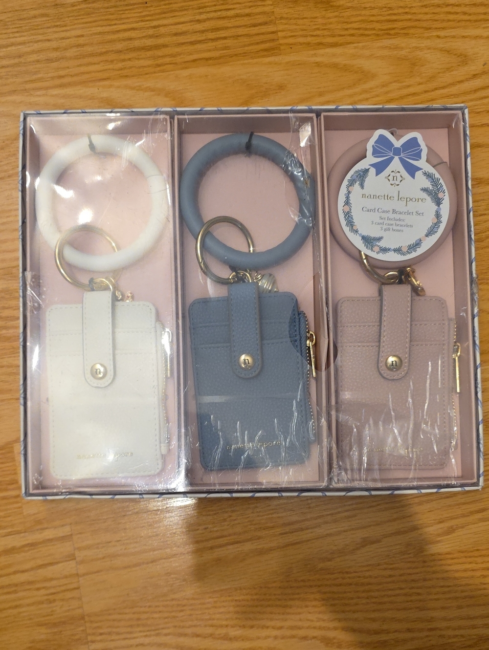 Nanette Lepore Trio Card Case & Bracelet Keyring Set - White, Blue, Blush